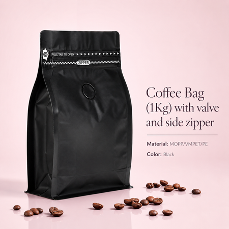 Coffee Bag with valve and side zipper | Black Bags