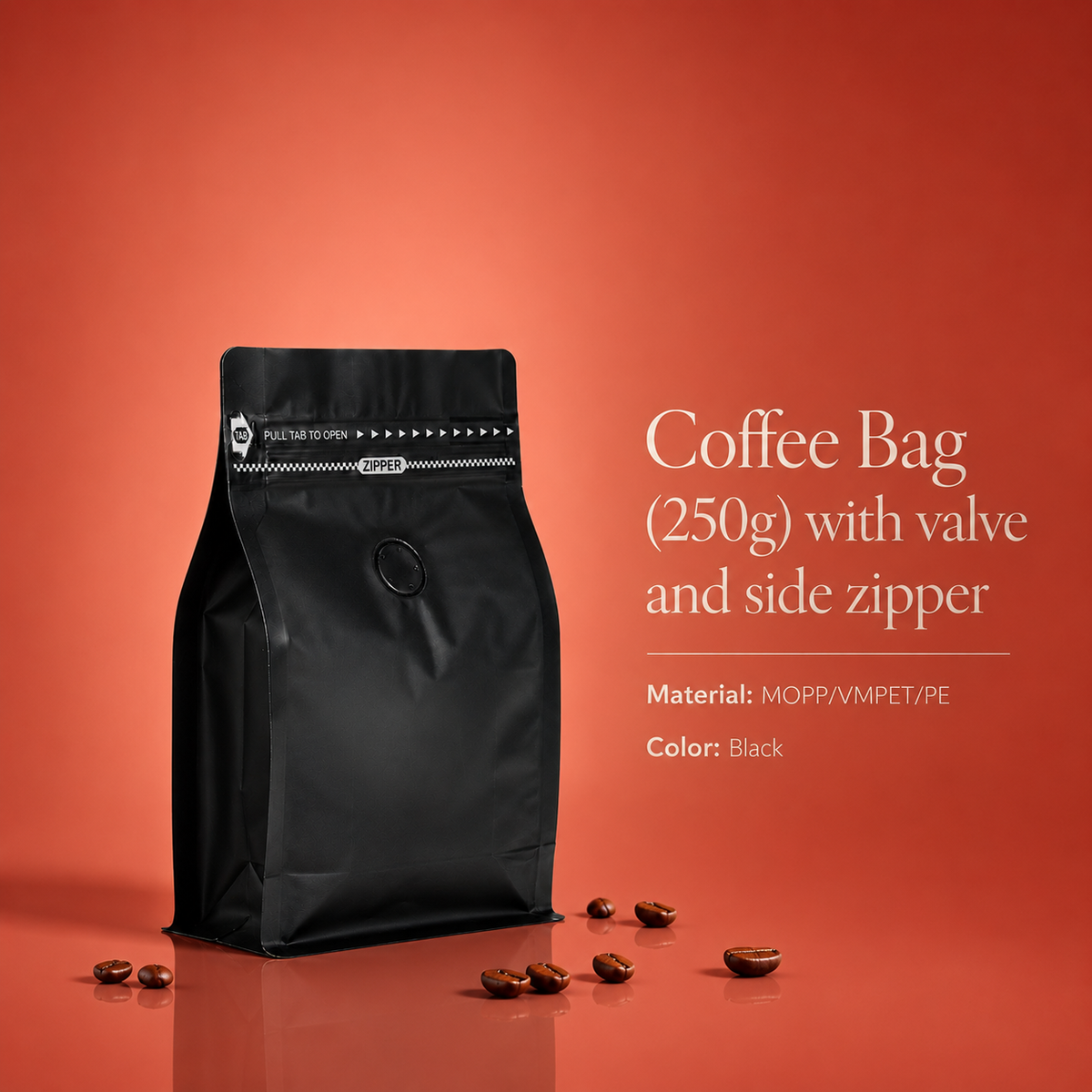 Coffee Bag with valve and side zipper | Black Bags 250g