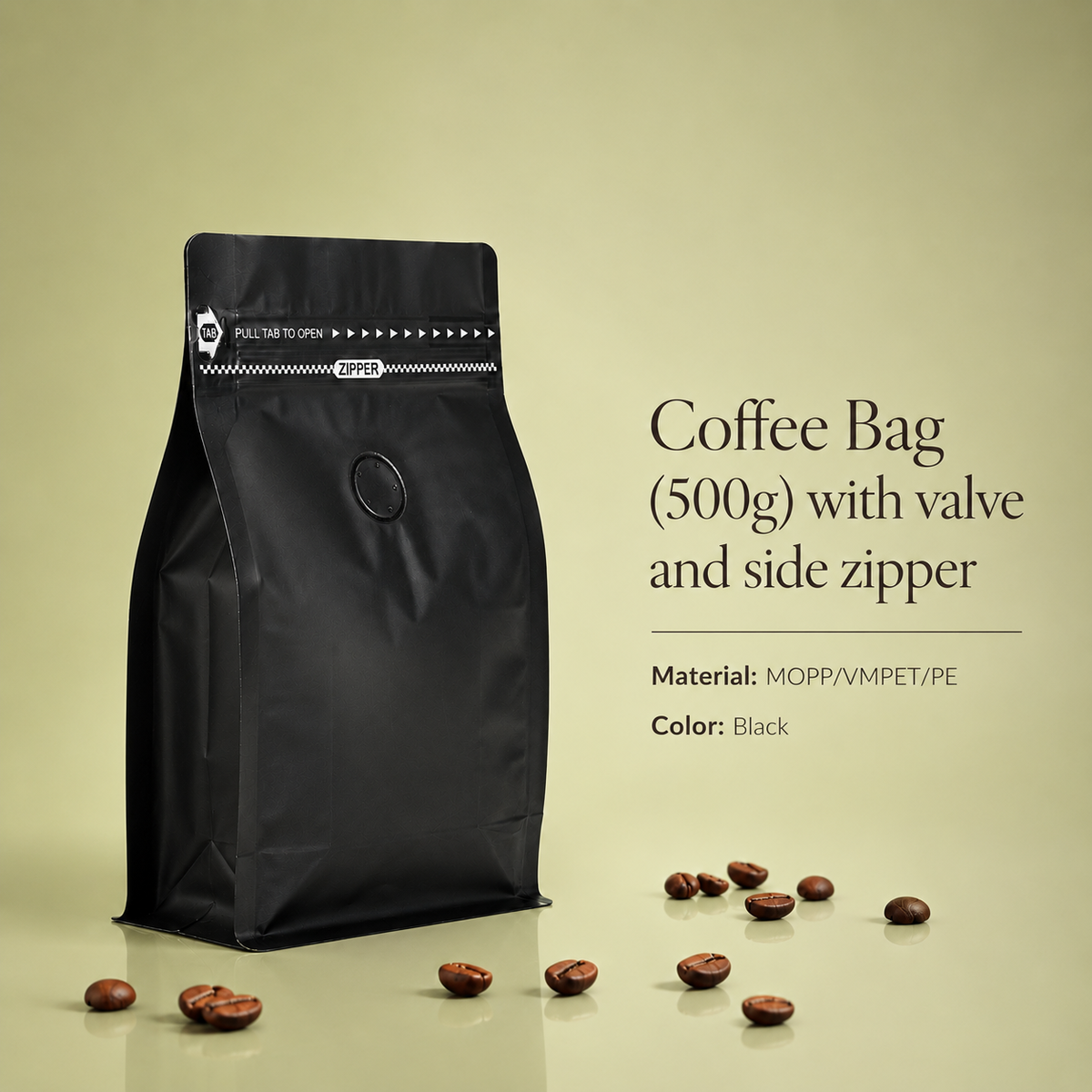 Coffee Bag with valve and side zipper | Black Bags 500g