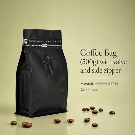 Coffee Bag with valve and side zipper | Black Bags 500g