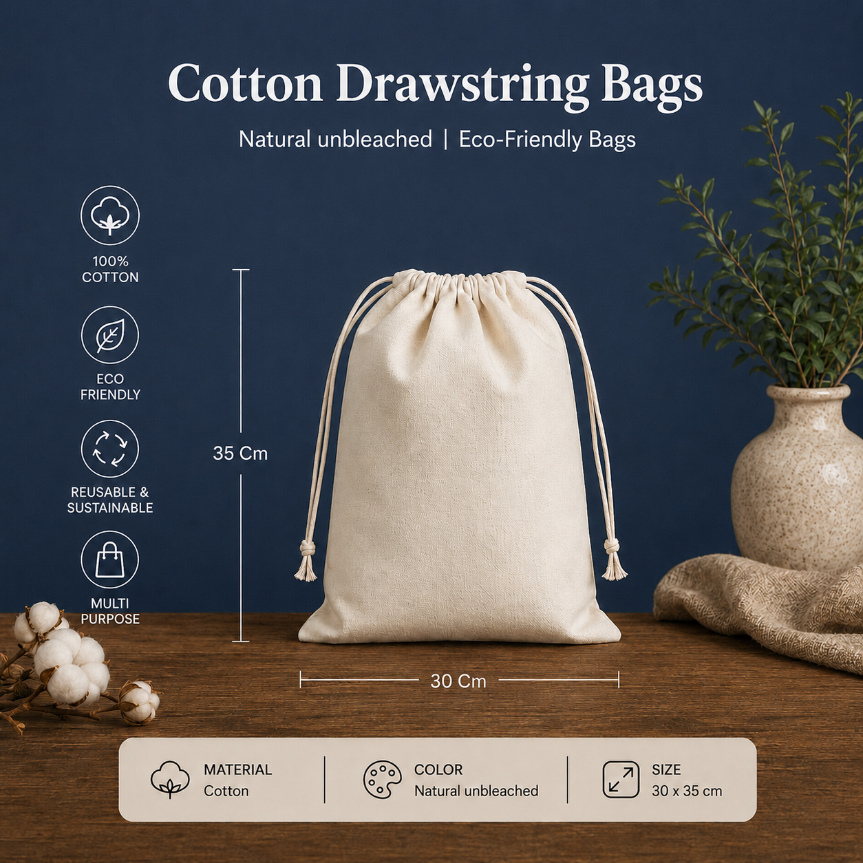 Cotton Drawstring Bags | Natural unbleached | Eco-Friendly Bags.