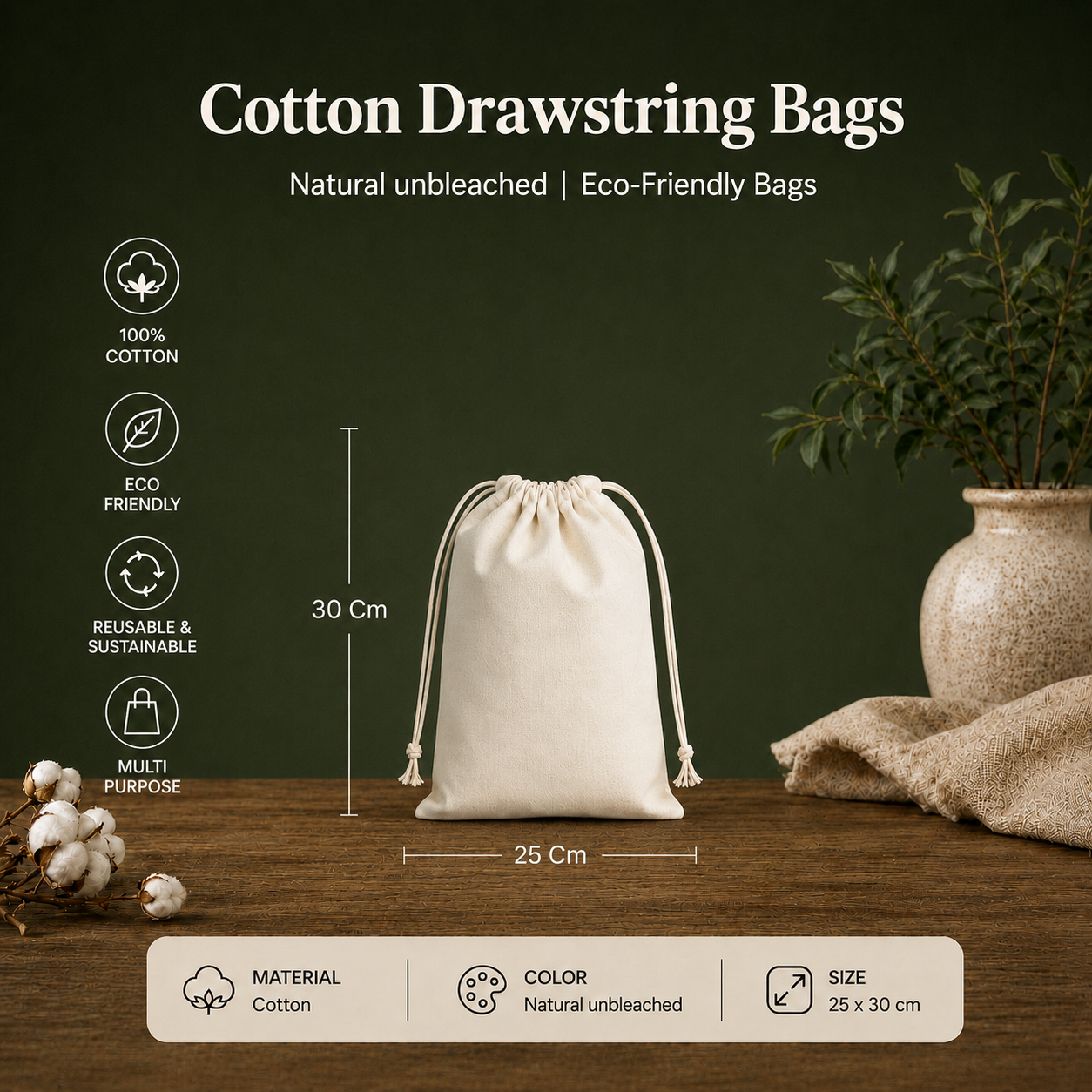 Cotton Drawstring Bags | Natural unbleached | Eco-Friendly Bags