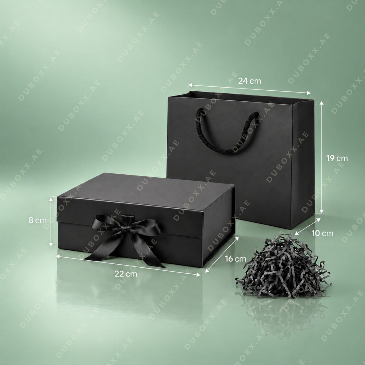 Gift Packing Set with Box + Bag + Shredded Paper-22x16x8cm - Black/White/Red/Pink/Gold