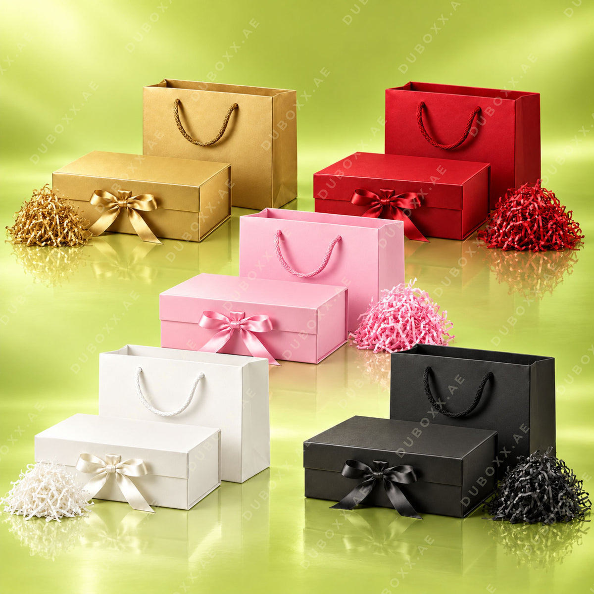 Gift Packing Set with Box + Bag + Shredded Paper-22x16x8cm - Black/White/Red/Pink/Gold