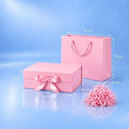 Gift Packing Set with Box + Bag + Shredded Paper-22x16x8cm - Black/White/Red/Pink/Gold