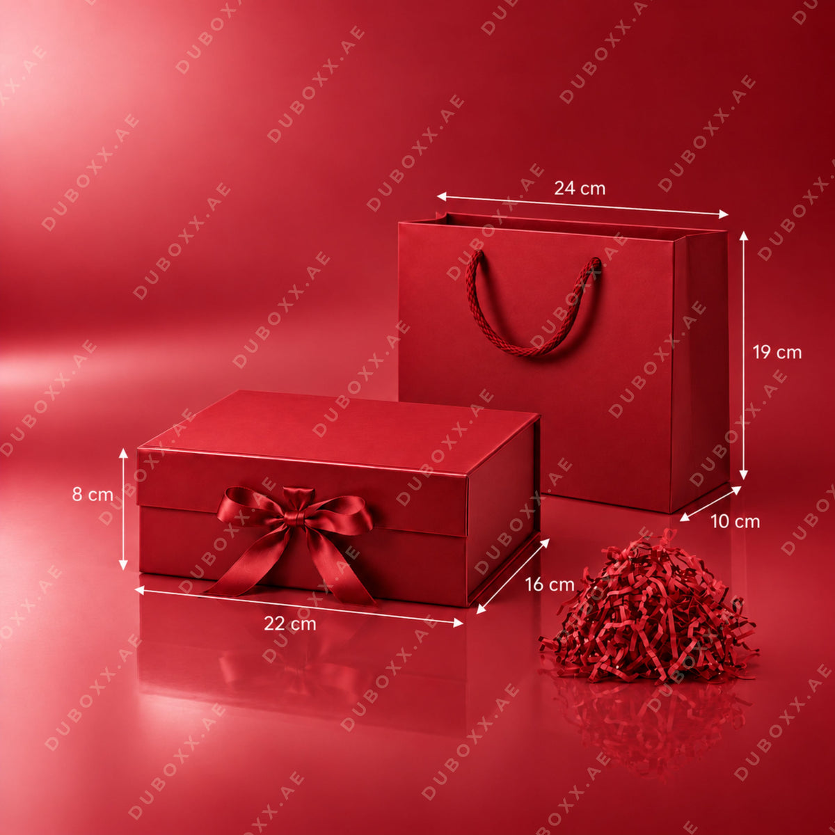 Gift Packing Set with Box + Bag + Shredded Paper-22x16x8cm - Black/White/Red/Pink/Gold