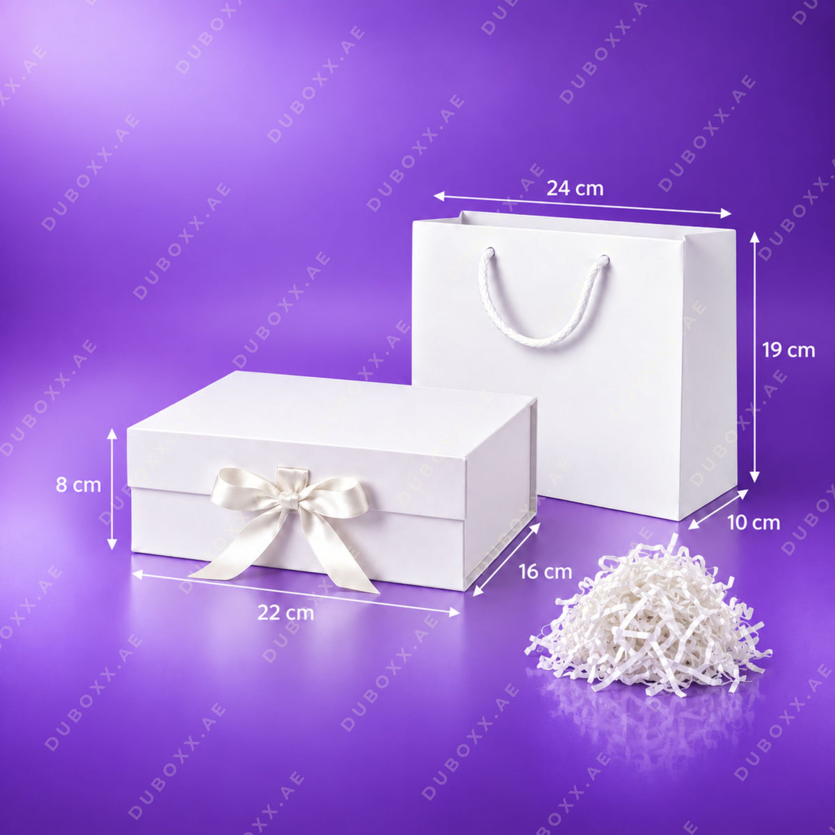 Gift Packing Set with Box + Bag + Shredded Paper-22x16x8cm - Black/White/Red/Pink/Gold