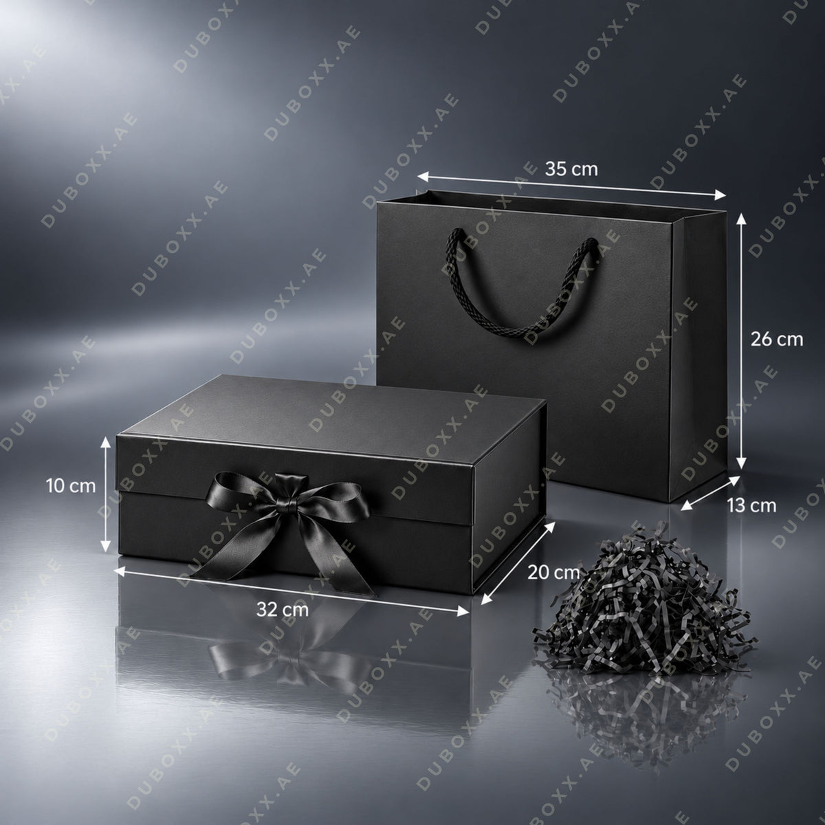 Gift Packing Set with Box + Bag + Shredded Paper-32x20x10 cm - Black/White/Red/Pink/Gold