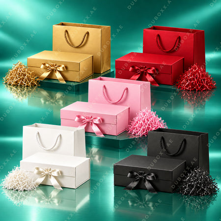Gift Packing Set with Box + Bag + Shredded Paper-32x20x10 cm - Black/White/Red/Pink/Gold