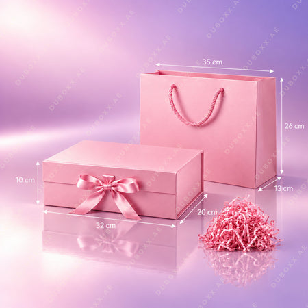 Gift Packing Set with Box + Bag + Shredded Paper-32x20x10 cm - Black/White/Red/Pink/Gold