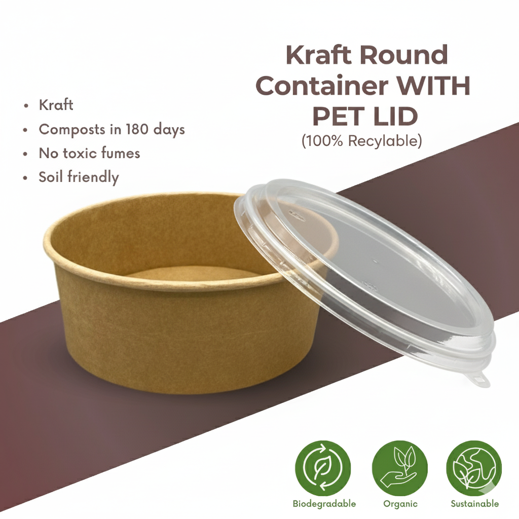Kraft round container with PET lid on a white background