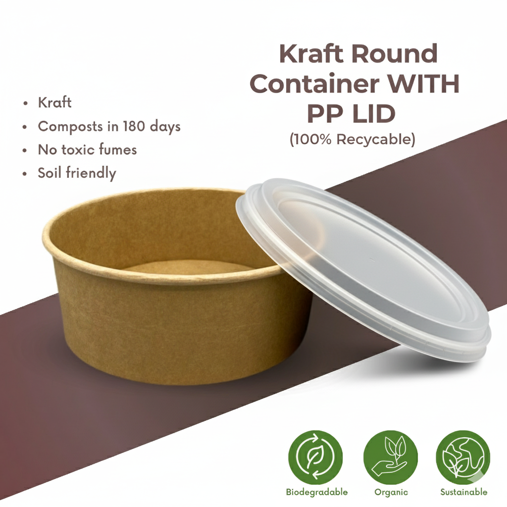 Kraft round container with PP lid on a white background
