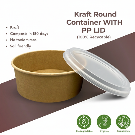 Kraft round container with PP lid on a white background